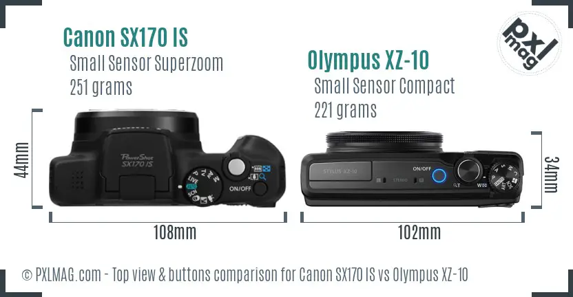 Canon SX170 IS vs Olympus XZ-10 top view buttons comparison