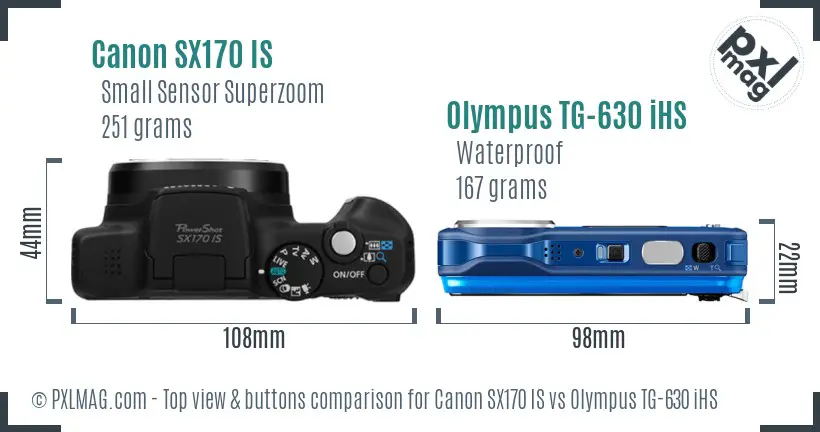 Canon SX170 IS vs Olympus TG-630 iHS top view buttons comparison Canon SX170 IS vs Olympus TG-630 iHS top view buttons comparison