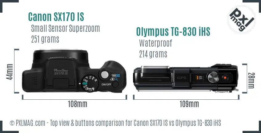 Canon SX170 IS vs Olympus TG-830 iHS top view buttons comparison