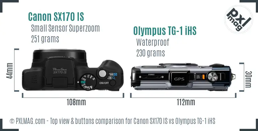Canon SX170 IS vs Olympus TG-1 iHS top view buttons comparison Canon SX170 IS vs Olympus TG-1 iHS top view buttons comparison