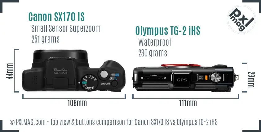 Canon SX170 IS vs Olympus TG-2 iHS top view buttons comparison Canon SX170 IS vs Olympus TG-2 iHS top view buttons comparison