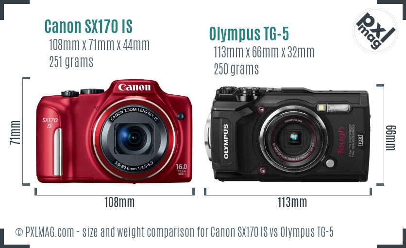 Canon SX170 IS vs Olympus TG-5 size comparison