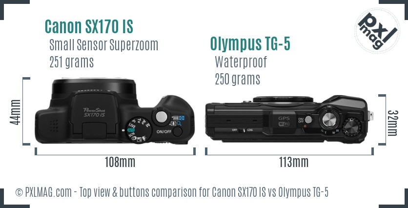 Canon SX170 IS vs Olympus TG-5 top view buttons comparison