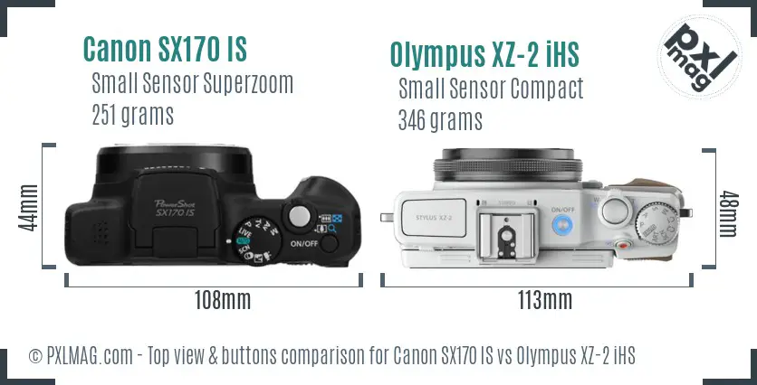 Canon SX170 IS vs Olympus XZ-2 iHS top view buttons comparison