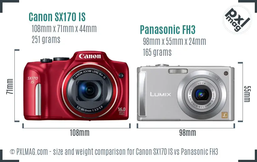 Canon SX170 IS vs Panasonic FH3 size comparison
