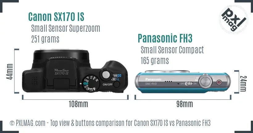 Canon SX170 IS vs Panasonic FH3 top view buttons comparison
