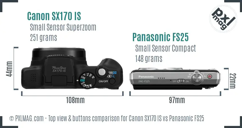 Canon SX170 IS vs Panasonic FS25 top view buttons comparison Canon SX170 IS vs Panasonic FS25 top view buttons comparison