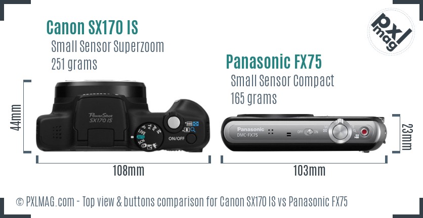 Canon SX170 IS vs Panasonic FX75 top view buttons comparison