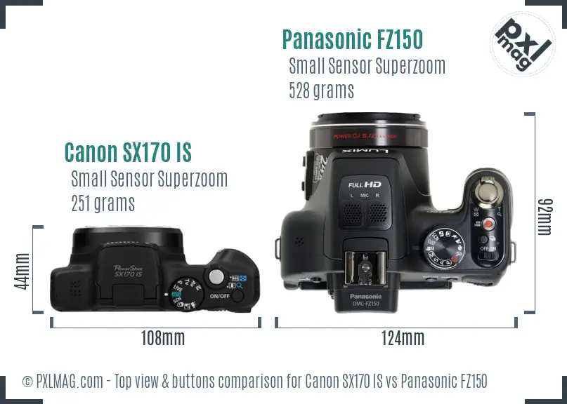 Canon SX170 IS vs Panasonic FZ150 top view buttons comparison