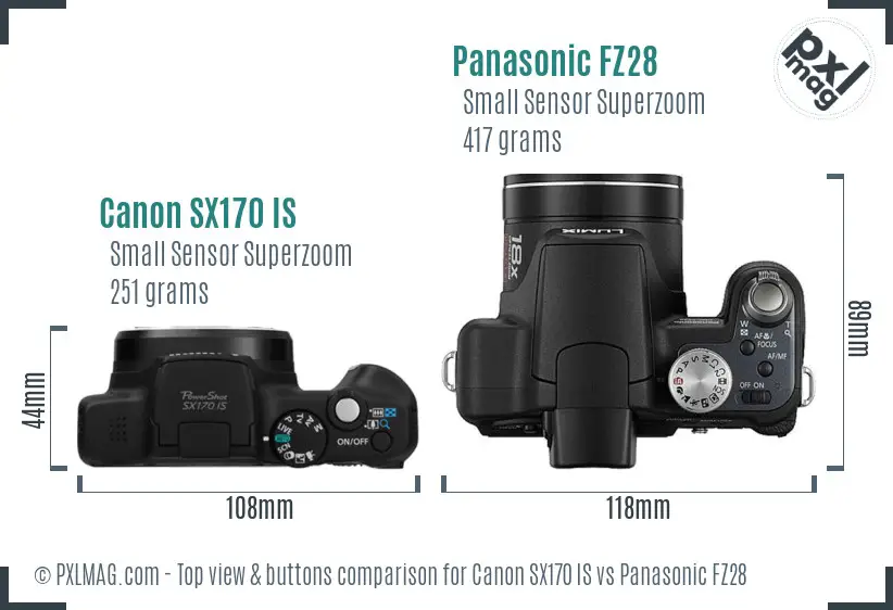 Canon SX170 IS vs Panasonic FZ28 top view buttons comparison