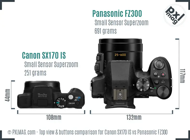 Canon SX170 IS vs Panasonic FZ300 top view buttons comparison