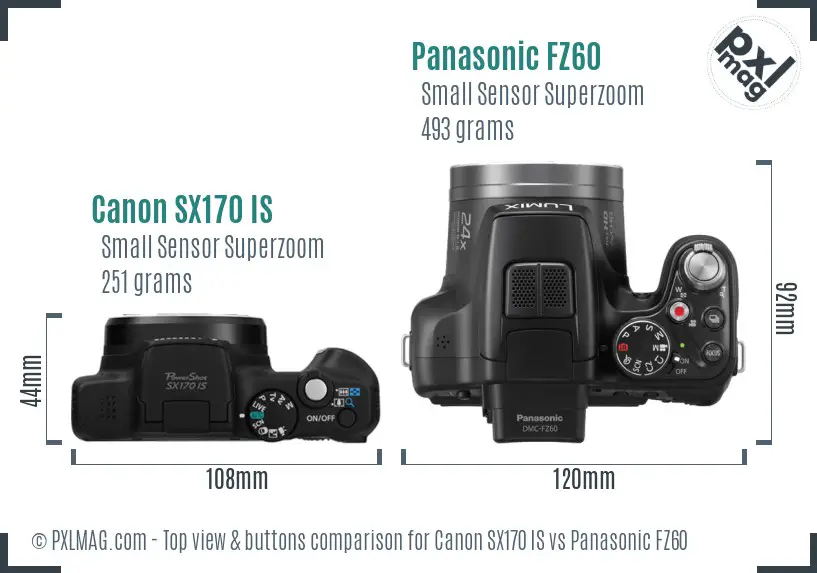 Canon SX170 IS vs Panasonic FZ60 top view buttons comparison Canon SX170 IS vs Panasonic FZ60 top view buttons comparison