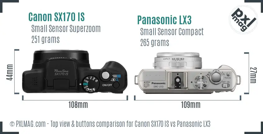 Canon SX170 IS vs Panasonic LX3 top view buttons comparison