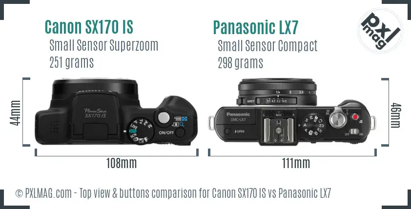 Canon SX170 IS vs Panasonic LX7 top view buttons comparison