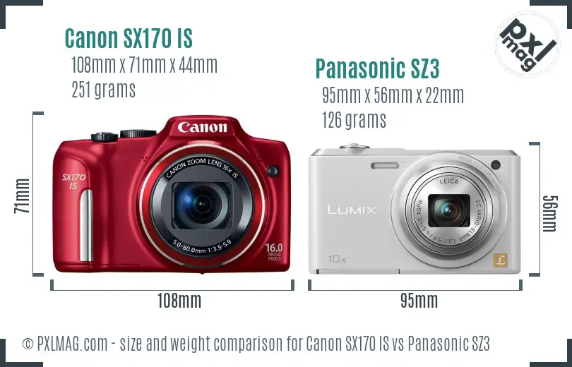 Canon SX170 IS vs Panasonic SZ3 size comparison