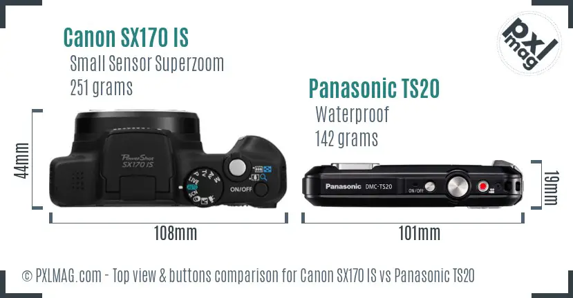 Canon SX170 IS vs Panasonic TS20 top view buttons comparison Canon SX170 IS vs Panasonic TS20 top view buttons comparison
