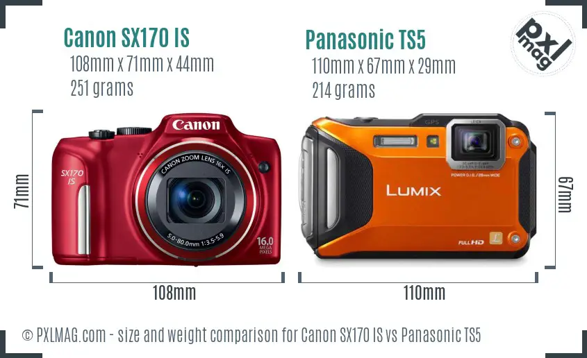 Canon SX170 IS vs Panasonic TS5 size comparison