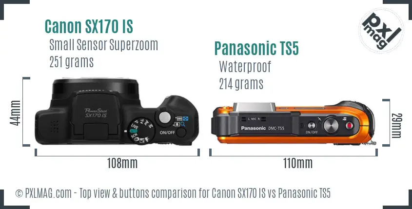 Canon SX170 IS vs Panasonic TS5 top view buttons comparison