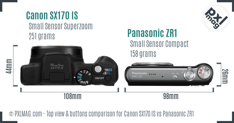 Canon SX170 IS vs Panasonic ZR1 top view buttons comparison