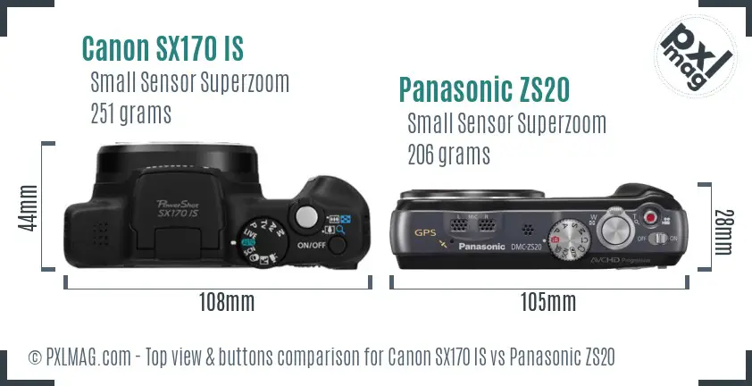 Canon SX170 IS vs Panasonic ZS20 top view buttons comparison