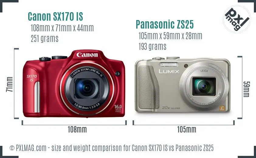 Canon SX170 IS vs Panasonic ZS25 size comparison