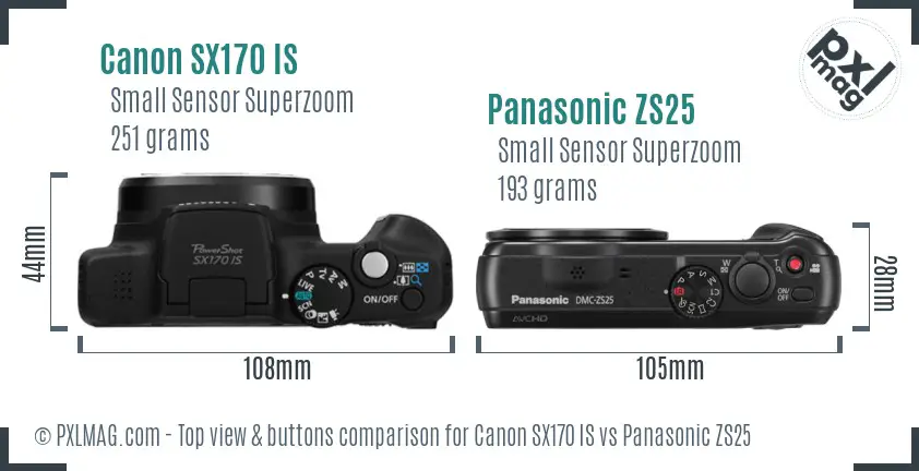 Canon SX170 IS vs Panasonic ZS25 top view buttons comparison