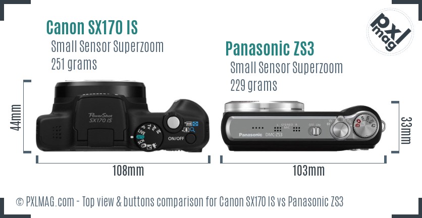 Canon SX170 IS vs Panasonic ZS3 top view buttons comparison