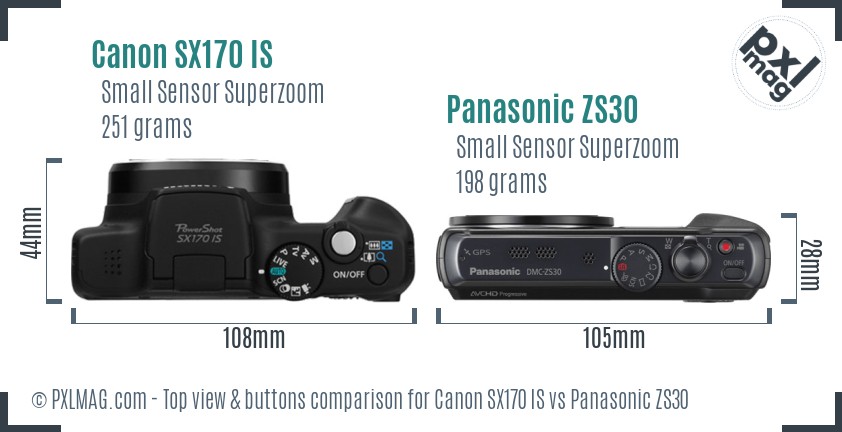 Canon SX170 IS vs Panasonic ZS30 top view buttons comparison