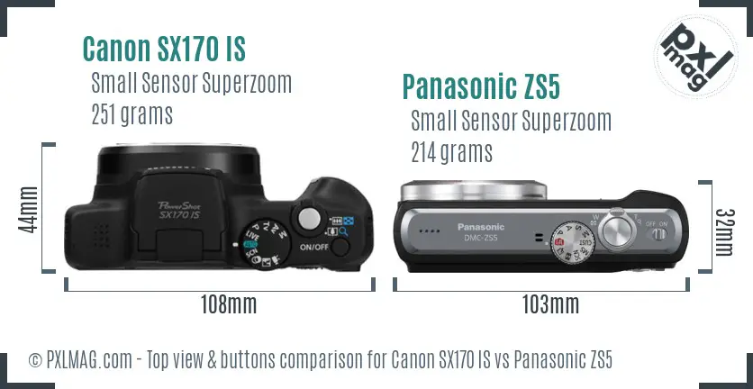 Canon SX170 IS vs Panasonic ZS5 top view buttons comparison Canon SX170 IS vs Panasonic ZS5 top view buttons comparison