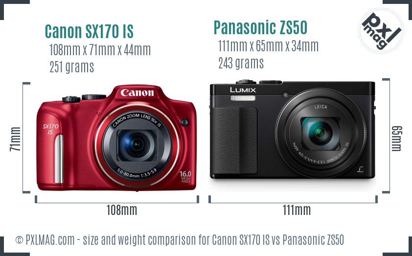 Canon SX170 IS vs Panasonic ZS50 size comparison