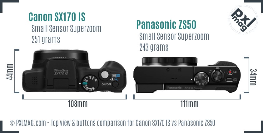 Canon SX170 IS vs Panasonic ZS50 top view buttons comparison
