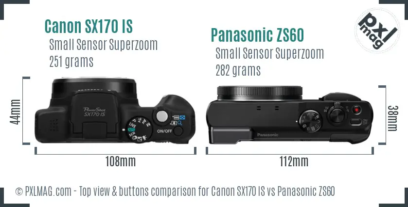 Canon SX170 IS vs Panasonic ZS60 top view buttons comparison