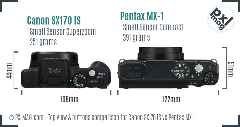 Canon SX170 IS vs Pentax MX-1 top view buttons comparison