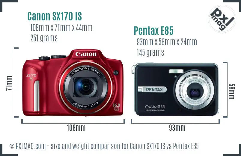 Canon SX170 IS vs Pentax E85 size comparison