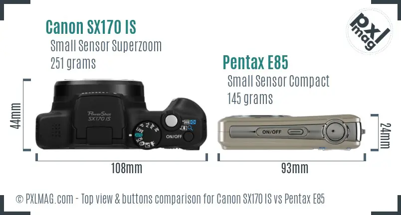 Canon SX170 IS vs Pentax E85 top view buttons comparison