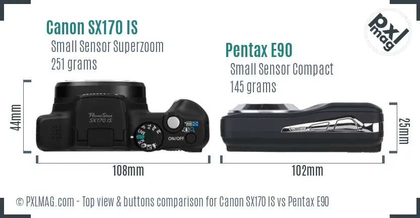 Canon SX170 IS vs Pentax E90 top view buttons comparison
