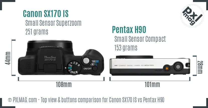 Canon SX170 IS vs Pentax H90 top view buttons comparison Canon SX170 IS vs Pentax H90 top view buttons comparison