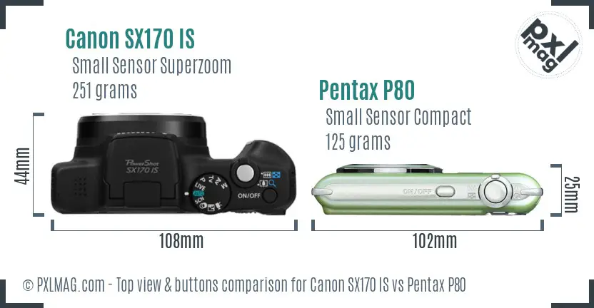 Canon SX170 IS vs Pentax P80 top view buttons comparison