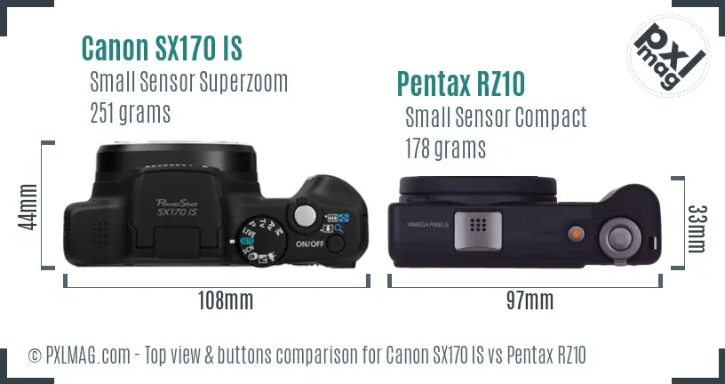 Canon SX170 IS vs Pentax RZ10 top view buttons comparison