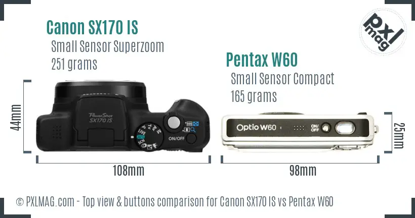 Canon SX170 IS vs Pentax W60 top view buttons comparison