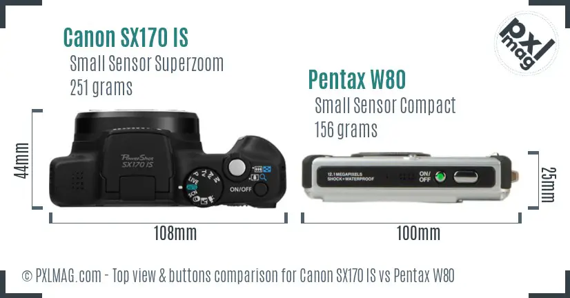 Canon SX170 IS vs Pentax W80 top view buttons comparison