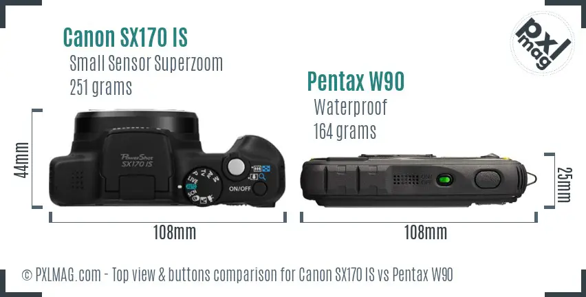 Canon SX170 IS vs Pentax W90 top view buttons comparison