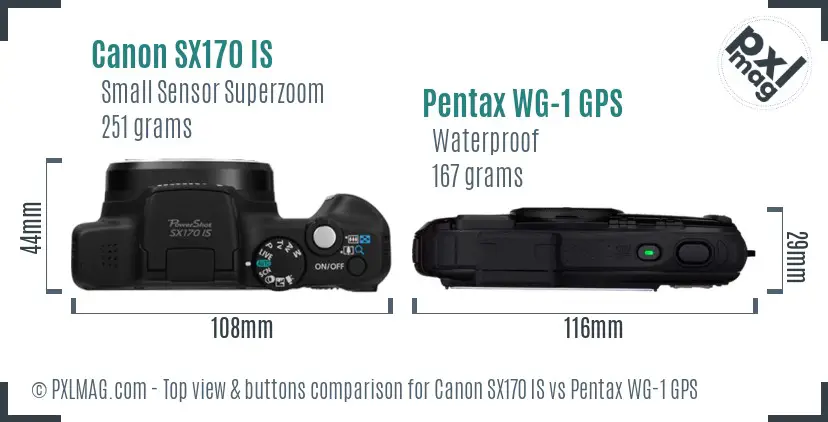 Canon SX170 IS vs Pentax WG-1 GPS top view buttons comparison