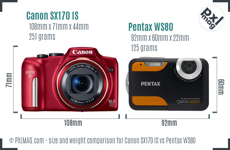 Canon SX170 IS vs Pentax WS80 size comparison