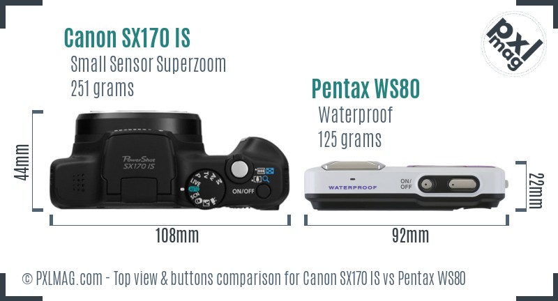 Canon SX170 IS vs Pentax WS80 top view buttons comparison