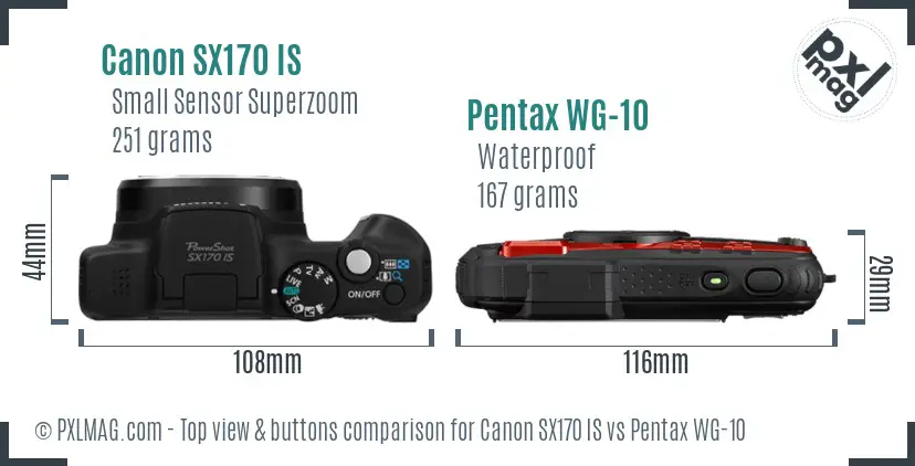 Canon SX170 IS vs Pentax WG-10 top view buttons comparison