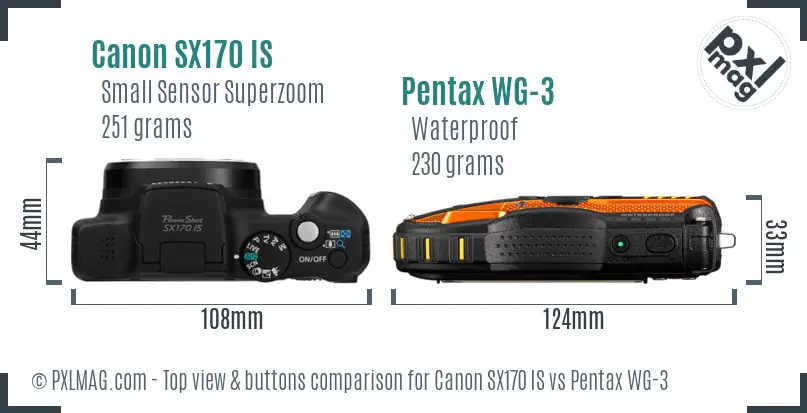 Canon SX170 IS vs Pentax WG-3 top view buttons comparison