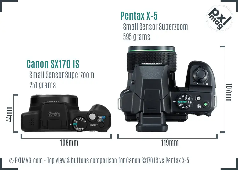 Canon SX170 IS vs Pentax X-5 top view buttons comparison