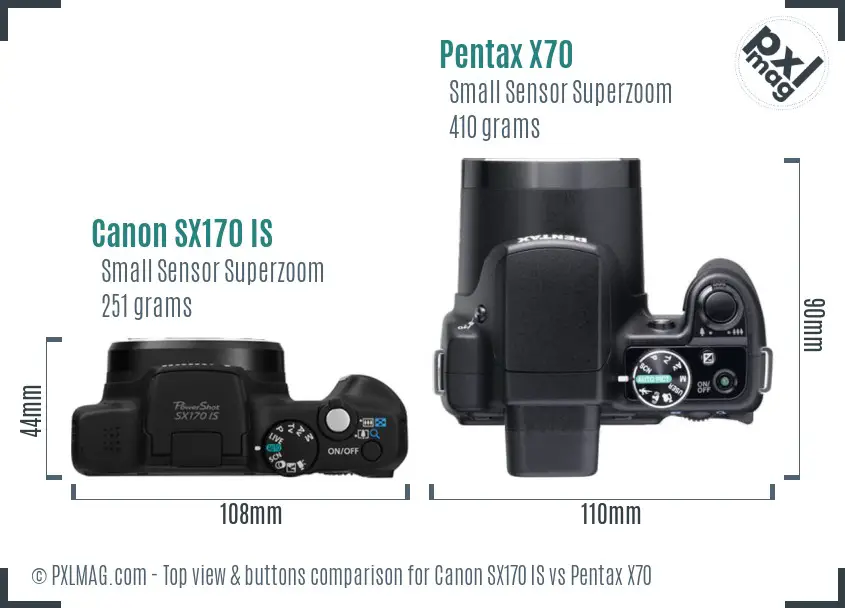 Canon SX170 IS vs Pentax X70 top view buttons comparison