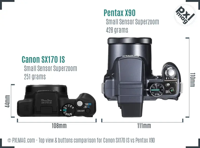 Canon SX170 IS vs Pentax X90 top view buttons comparison